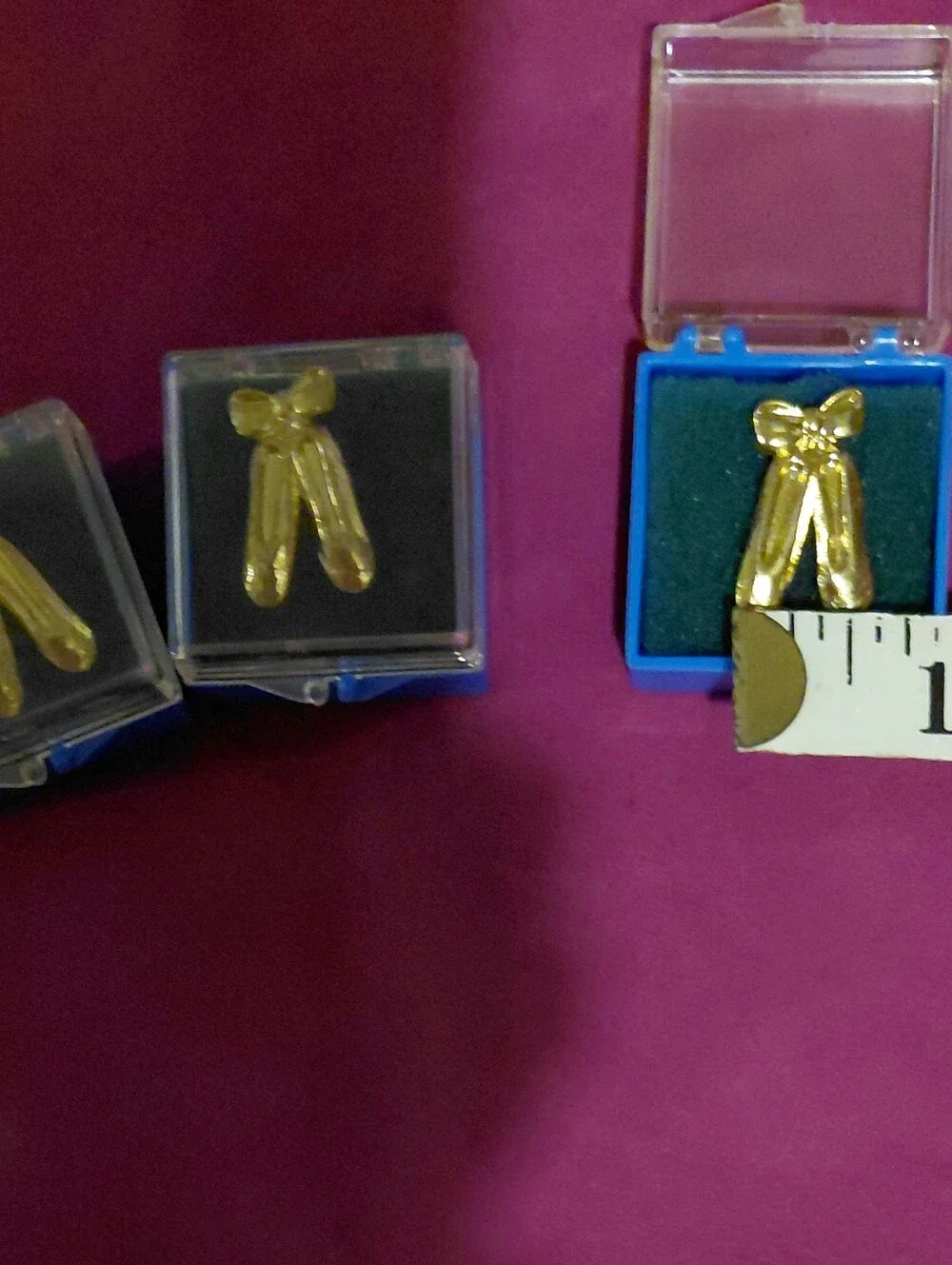 3 Vintage Ballet Slippers NWOT Chenille Pins Gold Tone Individual Cases Set Of 3